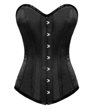 Overbust long torso whale steel Bustier back ribbon satin black corset - £36.39 GBP+