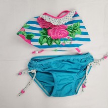 Swimsuit Girls Two-piece Blue Floral Stripe Youth Medium - £10.25 GBP