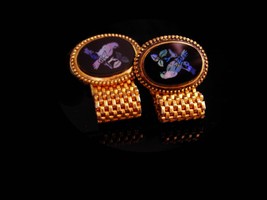 UNUSUAL OPAL Cufflinks / parrot jewelry / bird set / gold mesh wrap set / Vintag - £299.75 GBP