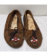 Minnetonka Brown Leather Rubber Moccasins Beaded Thunderbird Women&#39;s Sz 7 - $39.37 CAD