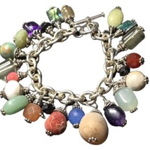 Sterling Silver Multiple Ornaments Chain Bracelet Multi Colors Stones 7.5” 95 Gr - £83.93 GBP