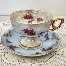 Sterling China Pedestal Tea Cup &amp; Saucer Blue Lustre With Deep Red Roses Japan - £11.48 GBP