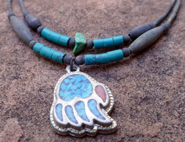 Bear Paw Brooch Necklace Inlaid Blue and Red Stones Crushed Tourquise Na... - $32.23