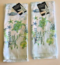 Sea Turtle Dish Towels Set of 2 Beach Summer House 100% Cotton Green Blue  - £17.92 GBP