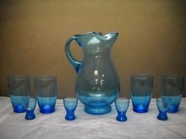 GLASS Set PITCHER Crimped 2 FOLD Top 4 Cups 4 SHOT GLASSES BLUE - £26.35 GBP
