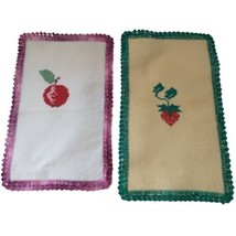 Vintage Cross Stitch Tea Towels Fruit Doily Crochet Pair Farmhouse Country Retro - £11.84 GBP