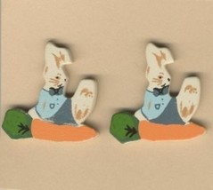 Bunny w-CARROT Button EARRINGS-Wood Garden Easter Rabbit Jewelry - $5.87