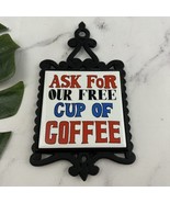 Vintage Tile Metal Trivet Wall Hanging Black Free Coffee Cute 70s 80s Ki... - $19.79