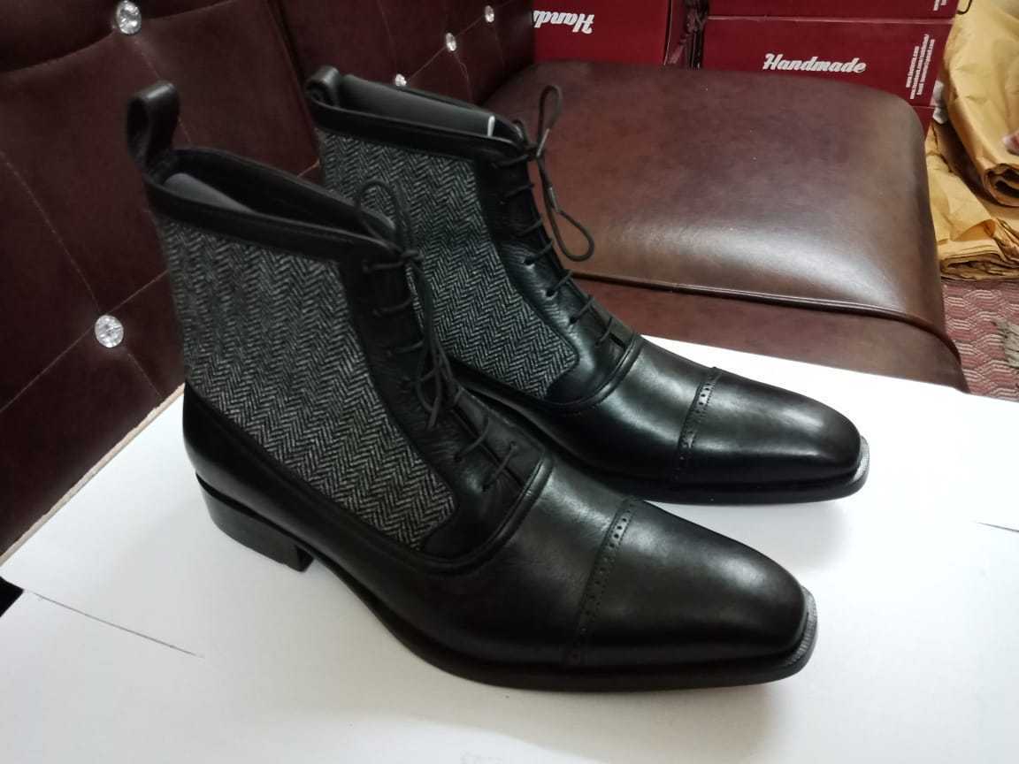 High Ankle Boots Men's Black Gray Cap Toe Tweed Premium Quality Leather Laceup