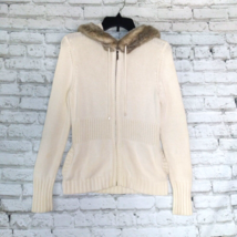Ann Taylor Loft Sweater Womens XS Ivory Full Zip Faux Fur Hooded 100% Cotton - £20.07 GBP