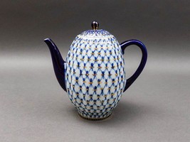 Lomonosov Russia Cobalt Blue &amp; Gold Net Imperial Porcelain Coffee Pot - $149.99