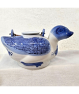 Porcelain Duck Shaped Tea Pot Blue White w Lid &amp; Handle Hand Painted Vin... - $19.69