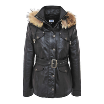 DR225 Women&#39;s Winter Warm Leather Hood Jacket Black - £146.21 GBP