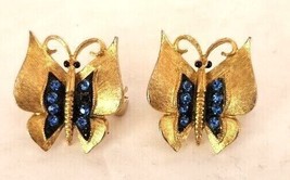 JJ Jonette Jewelry Butterfly Scatter Pins Brushed Gold Blue Rhinestones Vintage - £31.06 GBP