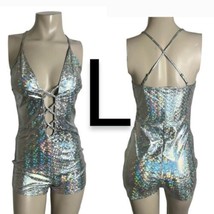 Silver Holographic Metallic Cami Cut Out Stetchy Bodycon Mini Romper~Size L - £31.43 GBP