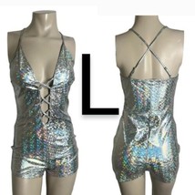 Silver Holographic Metallic Cami Cut Out Stetchy Bodycon Mini Romper~Size L - $39.98