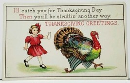 Thanksgiving Girl Chasing Turkey with Salt Shaker Emb James E. Pitts Postcard J1 - £9.68 GBP