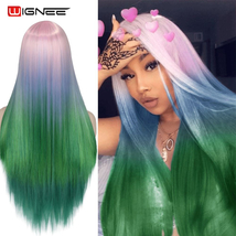 Pink Blue Green Long Straight Synthetic Wig Ombre Hair For Women Middle Part Hai - £39.16 GBP