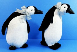 Christmas Penguin Figurines W/Silver Ribbon Set Of 2 Standing 9.5&quot; x 4.5&quot; - $21.49