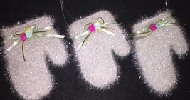 Set 3 NEW glittery soft grassy Christmas ornaments MITTENS blue gold ribbon bow - £7.34 GBP