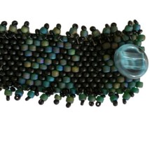 Handmade Glass Beaded Wrap Bracelet Woven Iridescent Button Attachment Metallic  - £23.73 GBP