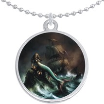 Mermaid Pirate Ship Round Pendant Necklace Beautiful Fashion Jewelry - £8.47 GBP