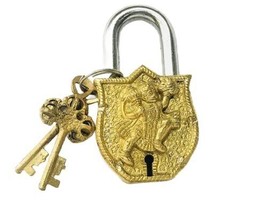 Handmade Brass Antique Lock with Key Hanuman Design Decorative Showpiece 9CM - £29.00 GBP