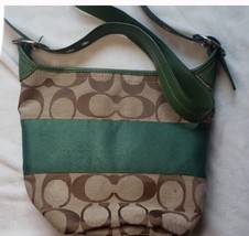 Authentic Coach Purse Brown With Green Stripe. Featuring  Green Shoulder Strap.  - £40.18 GBP