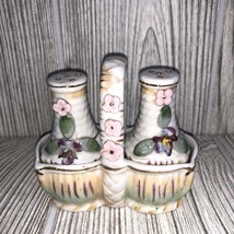 Vintage Japan Sphinx Salt And Pepper In Basket Purple Flowers Gold Accents - $10.15