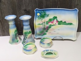 6 Pc Hand Painted Porcelain Dresser Set Foreign Airbrush Tray Boxes Candlesticks - £44.89 GBP