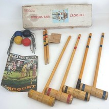 An item in the Sporting Goods category: VTG Worlds Fair Wooden Croquet Set in Box Complete Backyard Family Game Summer