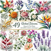 Watercolor Global Blooms Clipart: Floral PNG Bundle (300 DPI) Digital Do... - $5.07 CAD