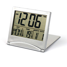 Silver Digital LCD Desk Top Calendar Temperature Alarm Clock Travel Snooze Clock - £9.60 GBP