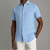 REISS Holiday Slim Fit 100% Linen Button Through Shirt, Large, Sky Blue, NWT - £87.19 GBP