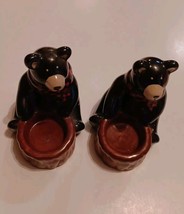 2 Black Bear Christmas Holiday Tealight Candle Holders Ceramic, Just Adorable - £14.42 GBP