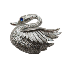 Vintage Gerry&#39;s silver tone swan brooch with blue rhinestone eye accent - £11.84 GBP