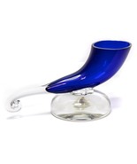 Vintage Art Glass Pedestal Cobalt Blue Horn Shaped Vase Handcrafted Glas... - $34.62