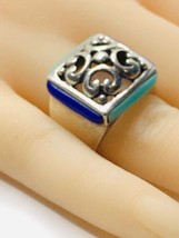 TLP 925 Sterling Silver Vintage lapis Turquoise Gem Ornate Square Ring Size 6.5 - £60.13 GBP