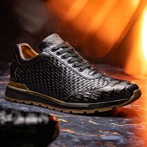 calfskin and genuine caiman crocodile fashion sneaker Roma Black image 9