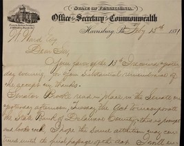 1871 antique STATE BANK DEL CTY LETTER harrisburg pa SENATOR BROOKE wm w... - $47.03