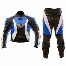 Men&#39;s Black Blue Motorcycle Suit White Lining Custom Genuine Leather Jacket Pant - £232.97 GBP