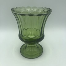 Green Indiana Glass Fluted Ruffled Top Rnd Pedestal Flower Vase 6 x 4.5 Vintage - £11.92 GBP