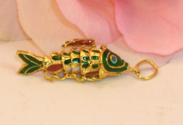 Vintage Cloisonne Enamel Articulated Fish Pendant Green &amp; Gold Tone Koi lot #4 - $21.11