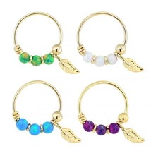 9K Solid Yellow Gold 2mm Opal Stones 5mm Leaf Charm Hoop Nose Piercing Ring 22G - £86.11 GBP+