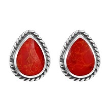 Vintage Framed Teardrop Reconstructed Red Coral Sterling Silver Post Earrings - $16.82