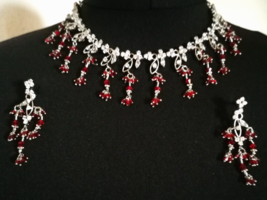 Red Necklace &amp; Earring Set Rhinestone Bollywood Indian Jewellery Choker Vintage - £20.40 GBP