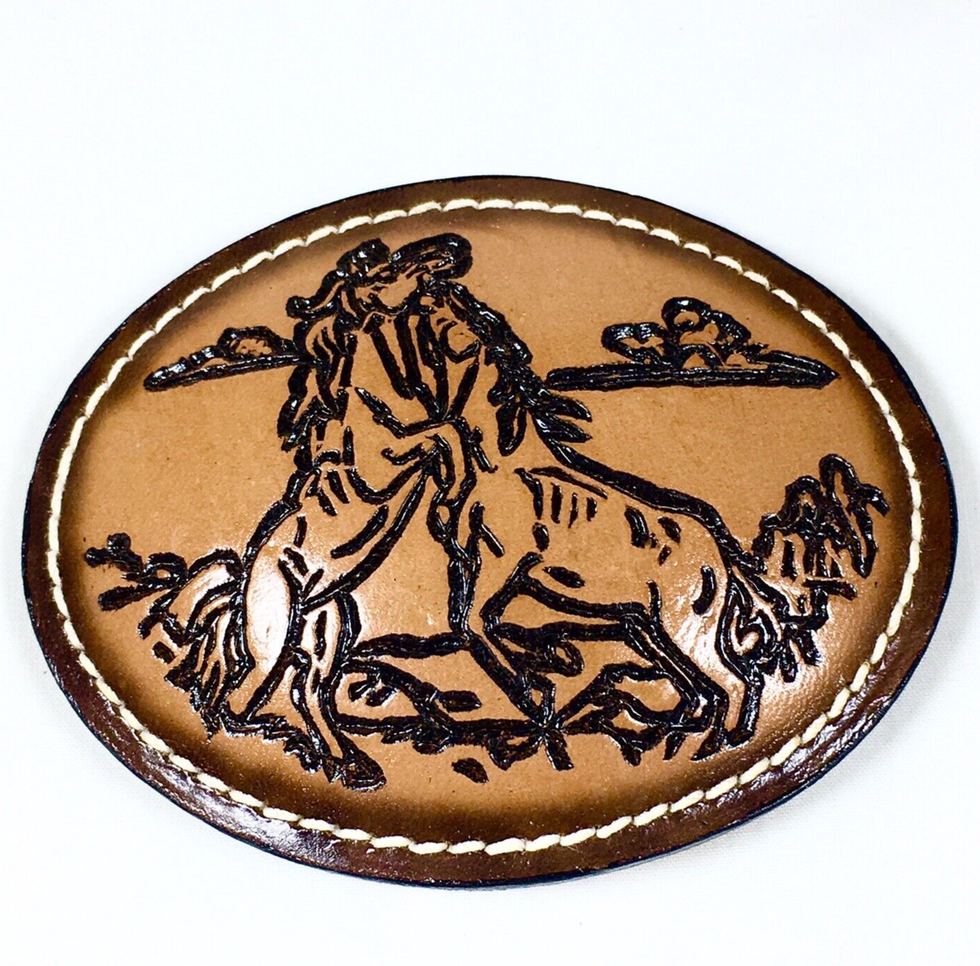 Primary image for Vintage Belt Buckle Western Horses Cowboy Cowgirl Tooled Leather Stitch