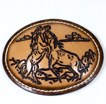 Vintage Belt Buckle Western Horses Cowboy Cowgirl Tooled Leather Stitch - £28.30 GBP