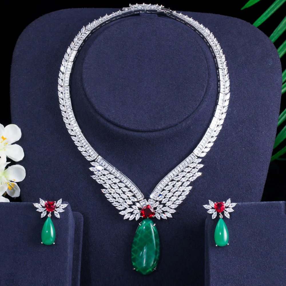Trendy Green CZ Zircon Stone Bridal Wedding Necklace Earrings Jewelry Sets  for  - £61.35 GBP