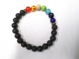 BLACK LAVA &amp; MULTI COLOR RAINBOW GEMSTONE BEADS STRETCH PRIDE STONE BRAC... - $110.27 MXN